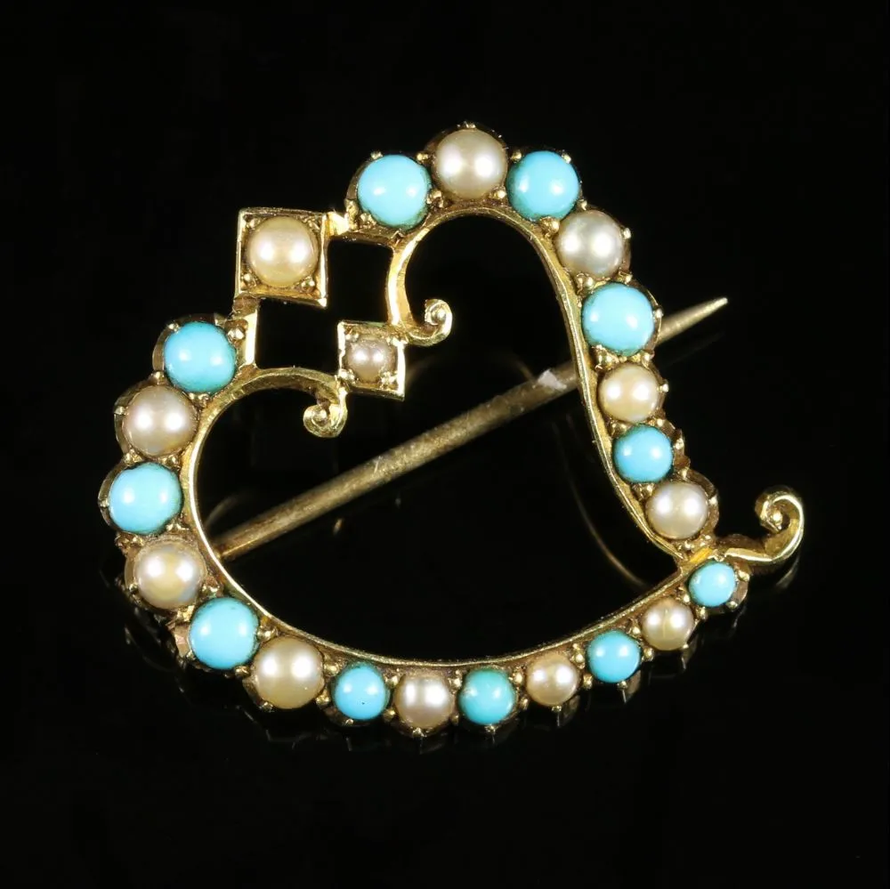 Antique Victorian Witches Heart Brooch Turquoise Pearl 15Ct Gold