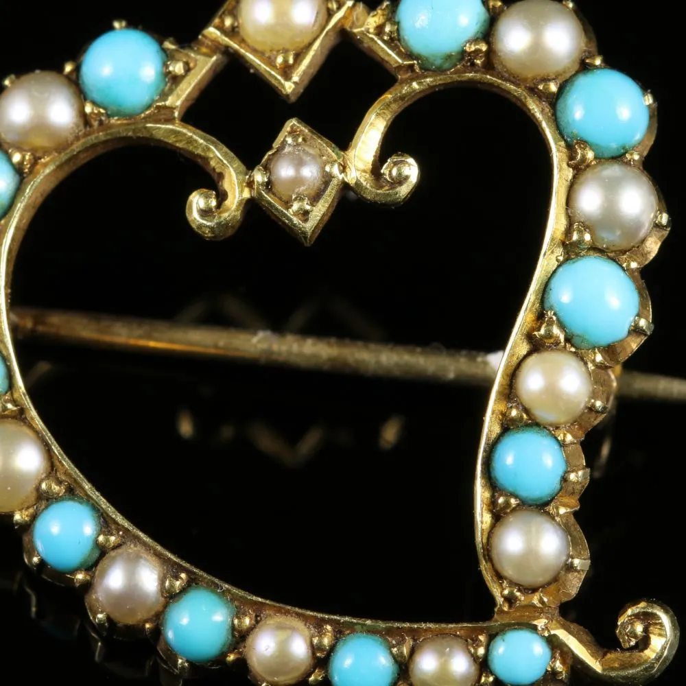 Antique Victorian Witches Heart Brooch Turquoise Pearl 15Ct Gold