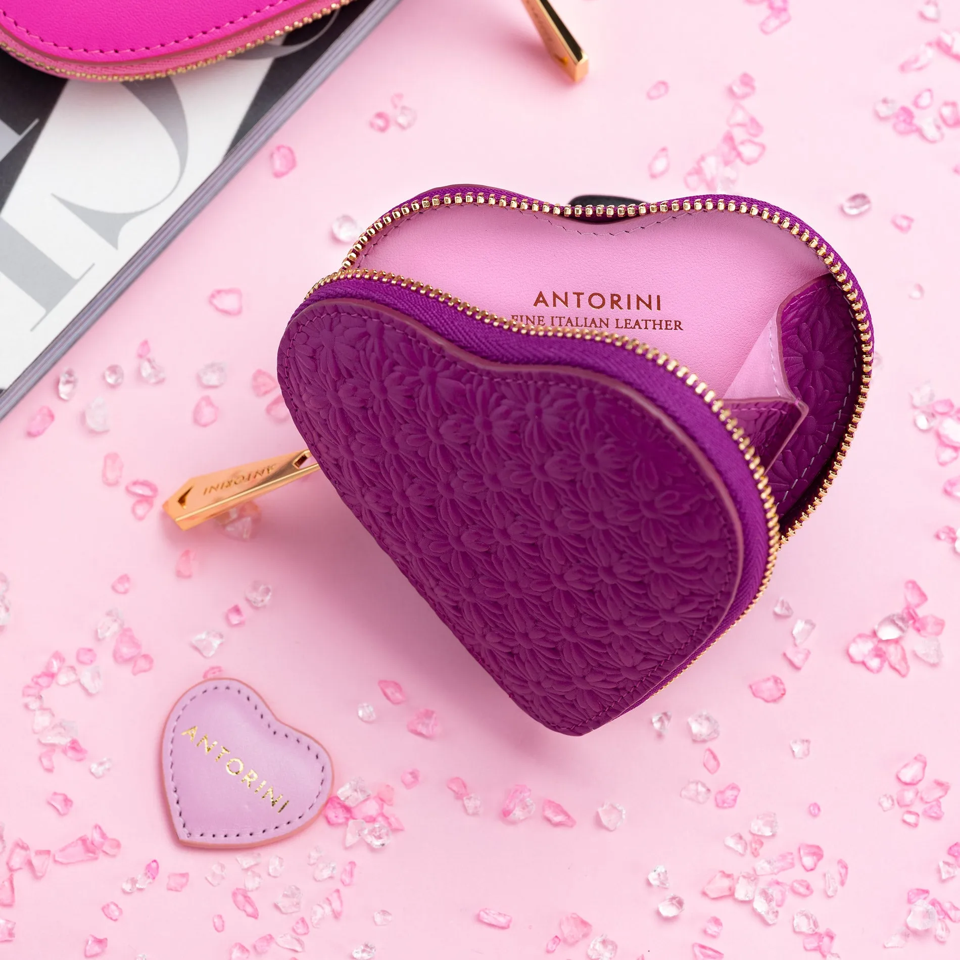 ANTORINI Heart Coin Purse, Purple with Flowers