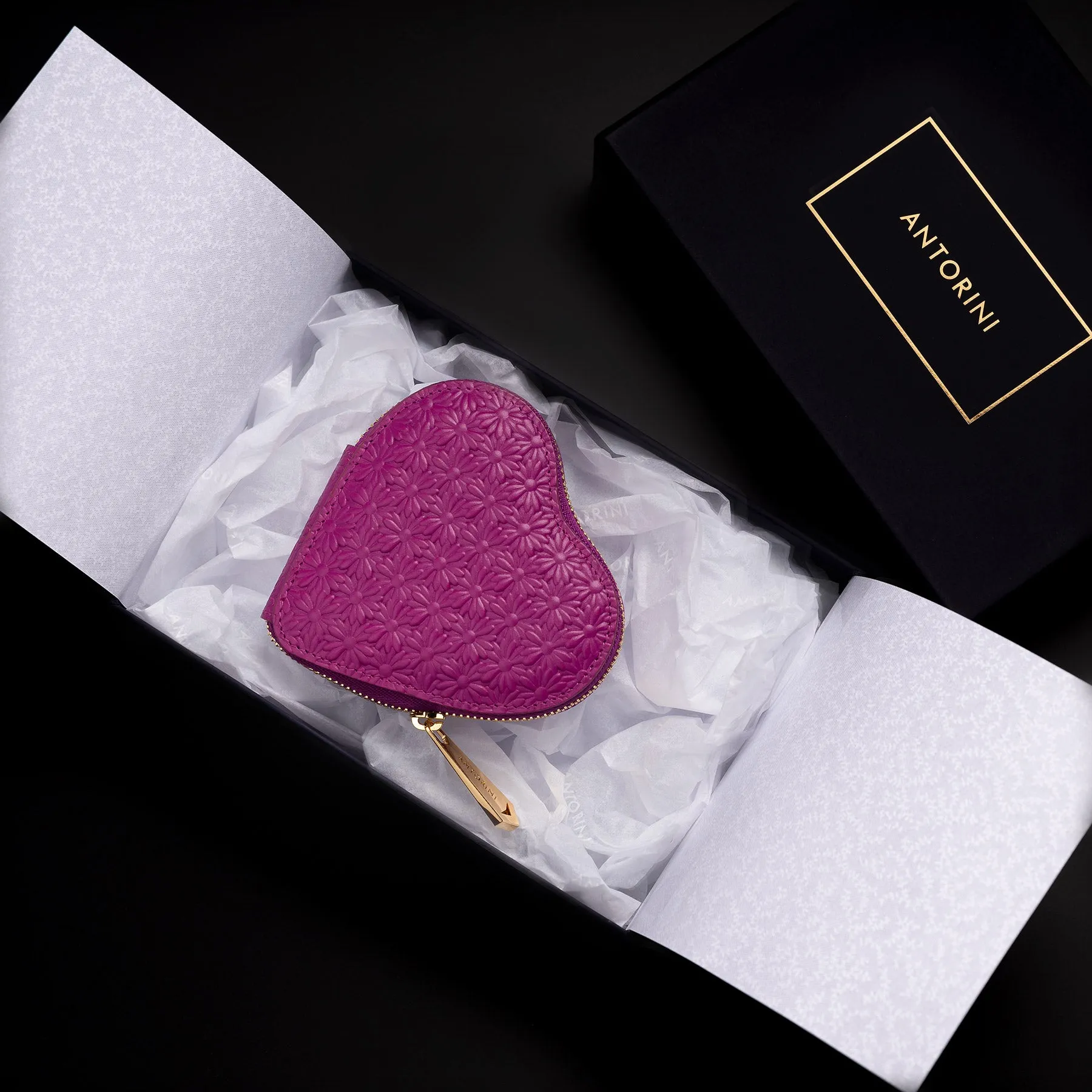 ANTORINI Heart Coin Purse, Purple with Flowers
