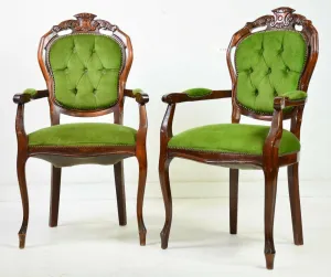 Armchairs, Green, French Style Carved Wood, Set of Two, Charming!