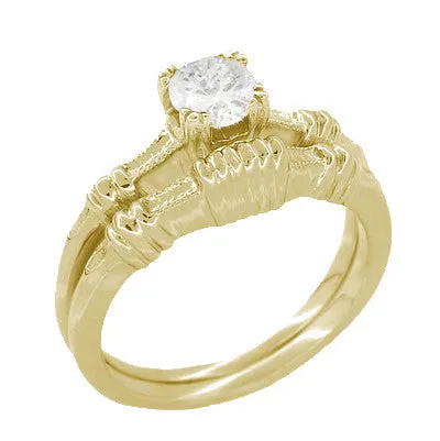 Art Deco Clovers and Hearts Yellow Gold Solitaire White Sapphire Engagement Ring