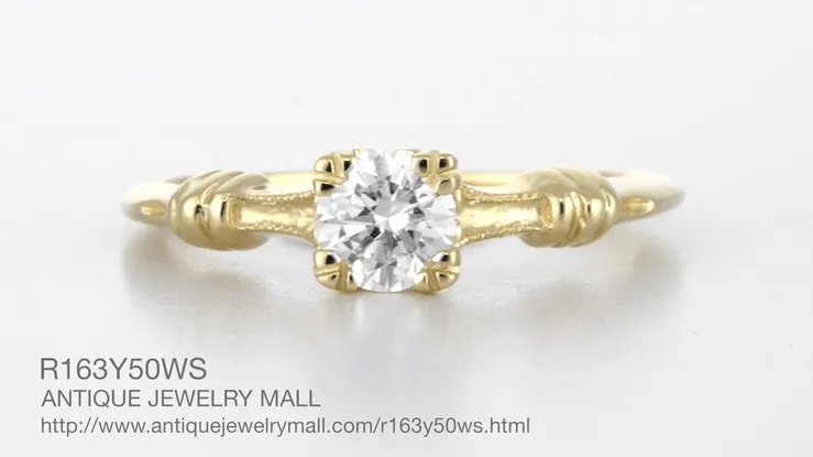 Art Deco Clovers and Hearts Yellow Gold Solitaire White Sapphire Engagement Ring
