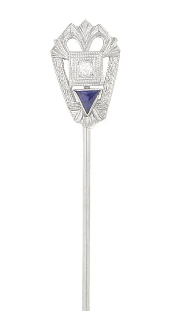 Art Deco Sapphire and Diamond Antique Stickpin in 14 Karat White Gold