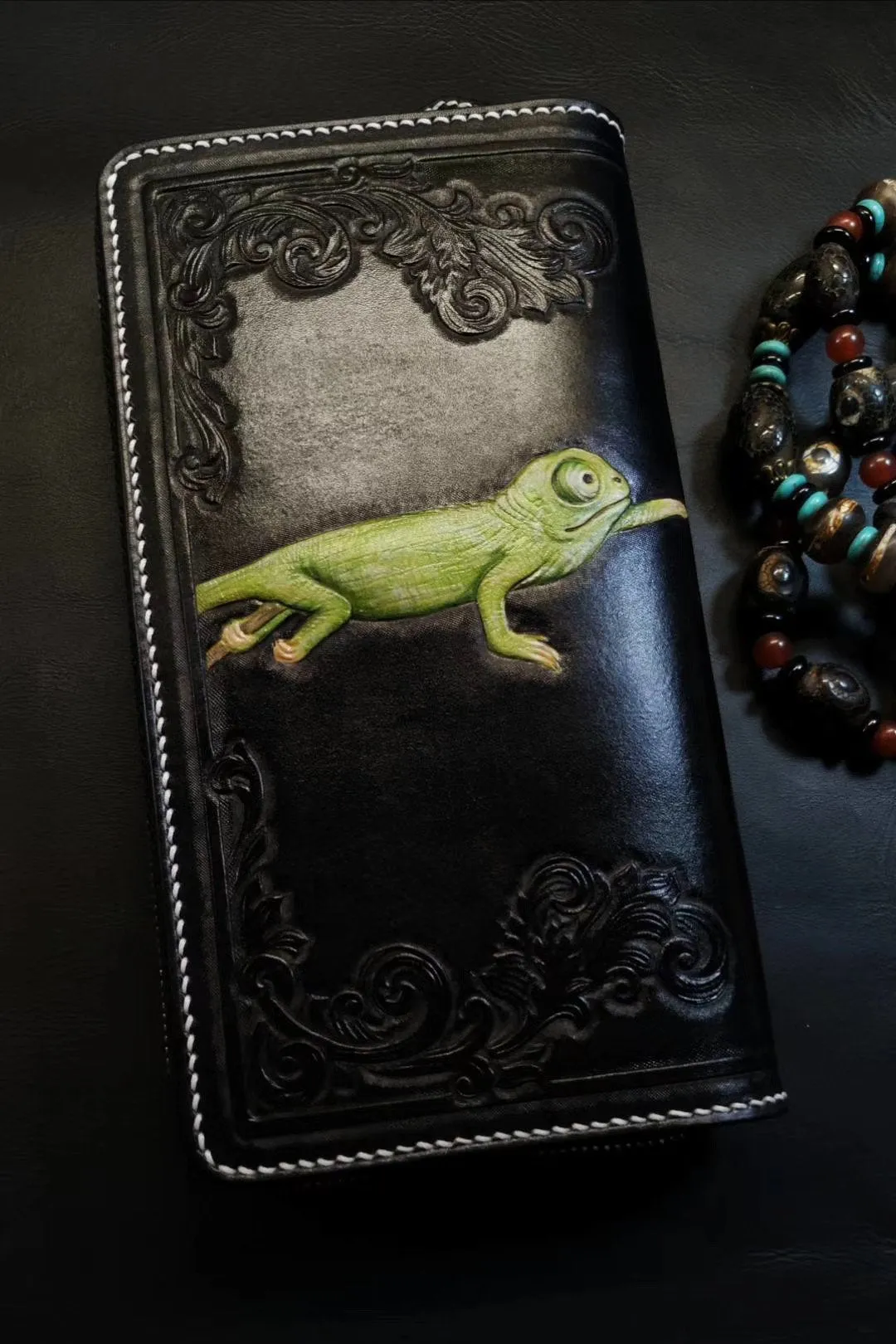 Badass Black Leather Men's Chameleon Biker Wallet Handmade Tooled Zipper Long Wallets For Men