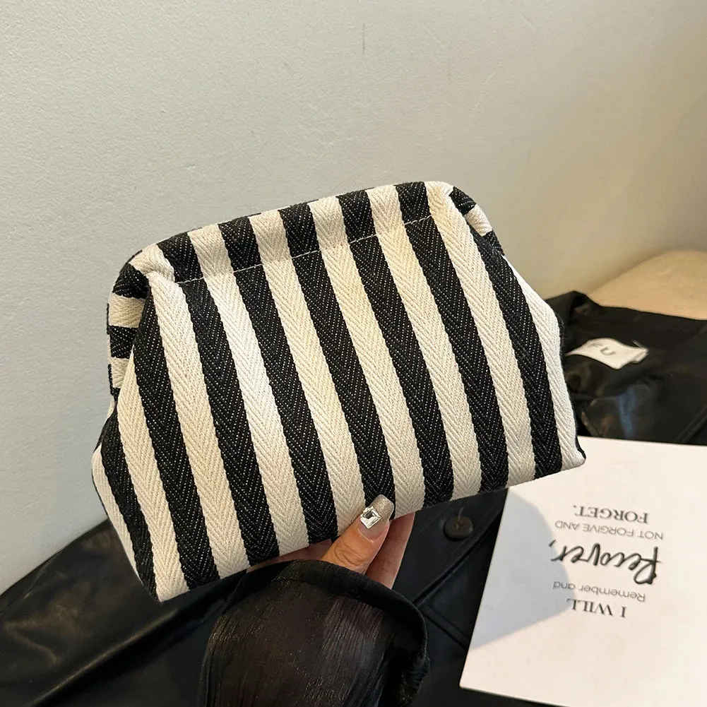 binfenxie Summer Beach Clutch Bag for Women Striped Ruched Cloud Purse Large Capacity Canvas Dinner Bag Fashion Dumpling Bag Chic Hobo Bag
