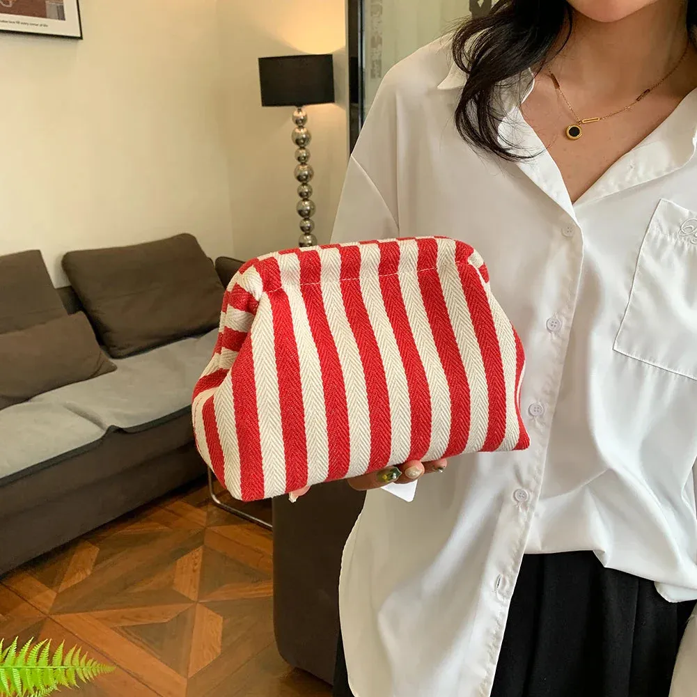 binfenxie Summer Beach Clutch Bag for Women Striped Ruched Cloud Purse Large Capacity Canvas Dinner Bag Fashion Dumpling Bag Chic Hobo Bag