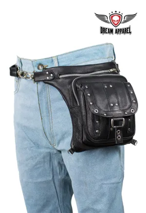 Black Naked Cowhide Leather Studded Thigh Bag W/ Gun Pocket