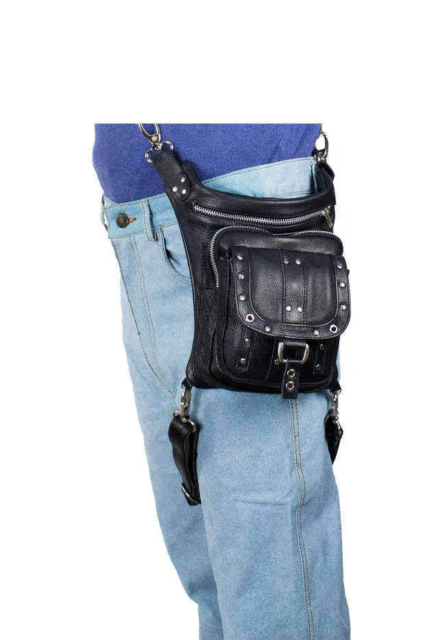 Black Naked Cowhide Leather Studded Thigh Bag W/ Gun Pocket