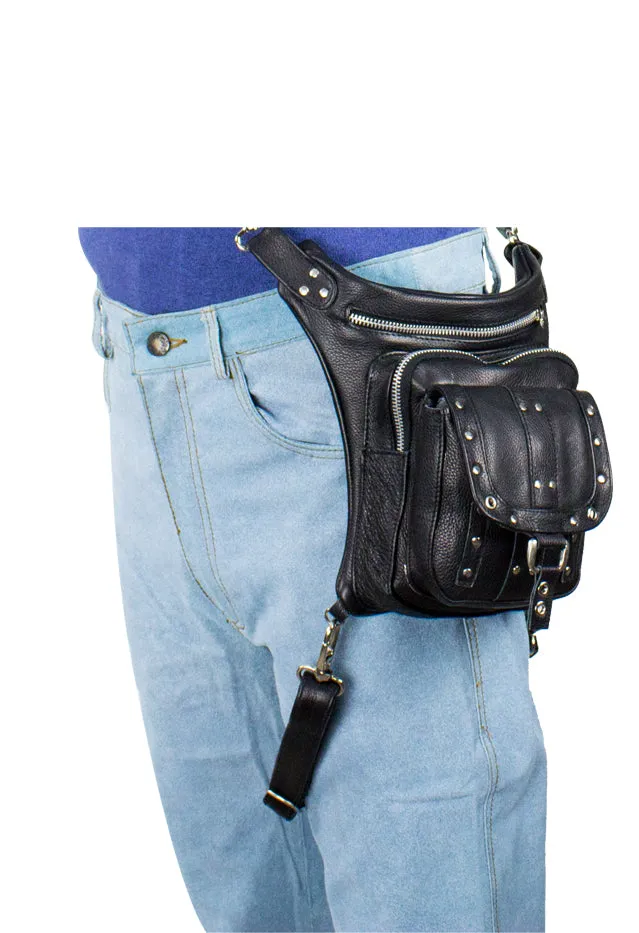 Black Naked Cowhide Leather Studded Thigh Bag W/ Gun Pocket