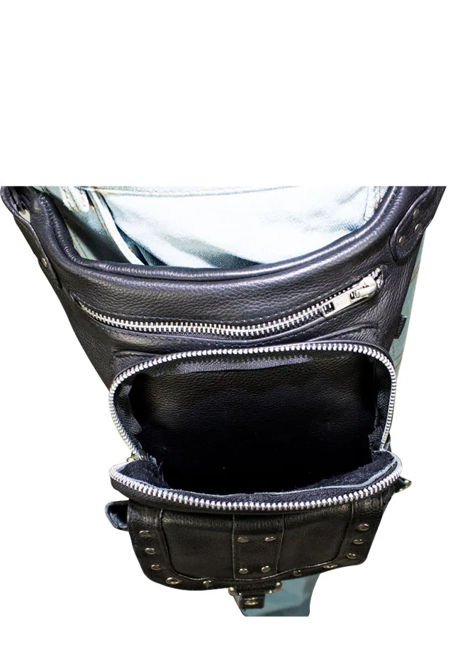 Black Naked Cowhide Leather Studded Thigh Bag W/ Gun Pocket