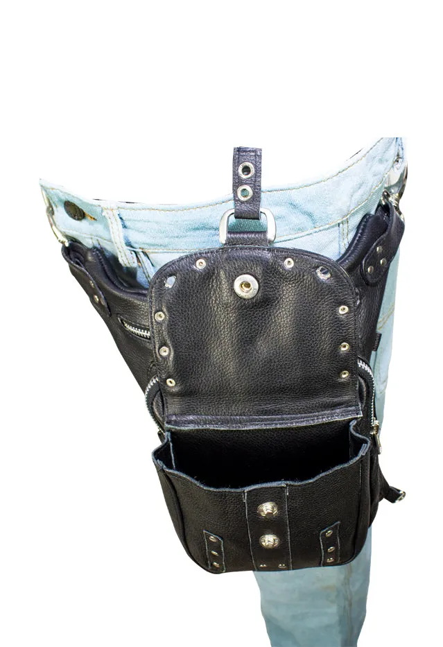 Black Naked Cowhide Leather Studded Thigh Bag W/ Gun Pocket