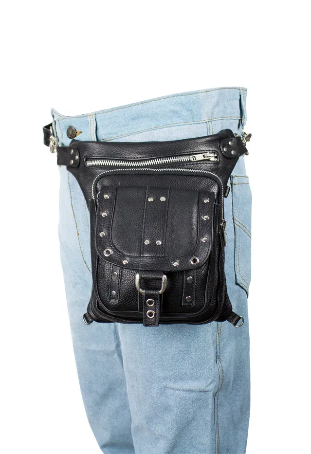 Black Naked Cowhide Leather Studded Thigh Bag W/ Gun Pocket