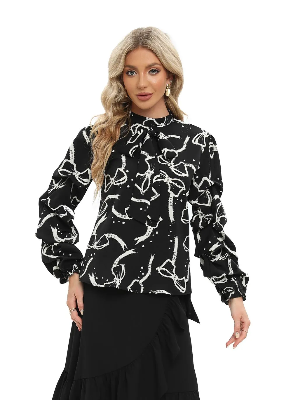Black Tiered Long Sleeve Blouse with Front Tie