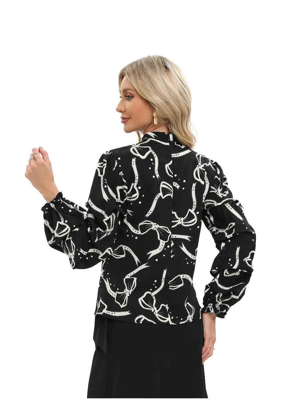 Black Tiered Long Sleeve Blouse with Front Tie