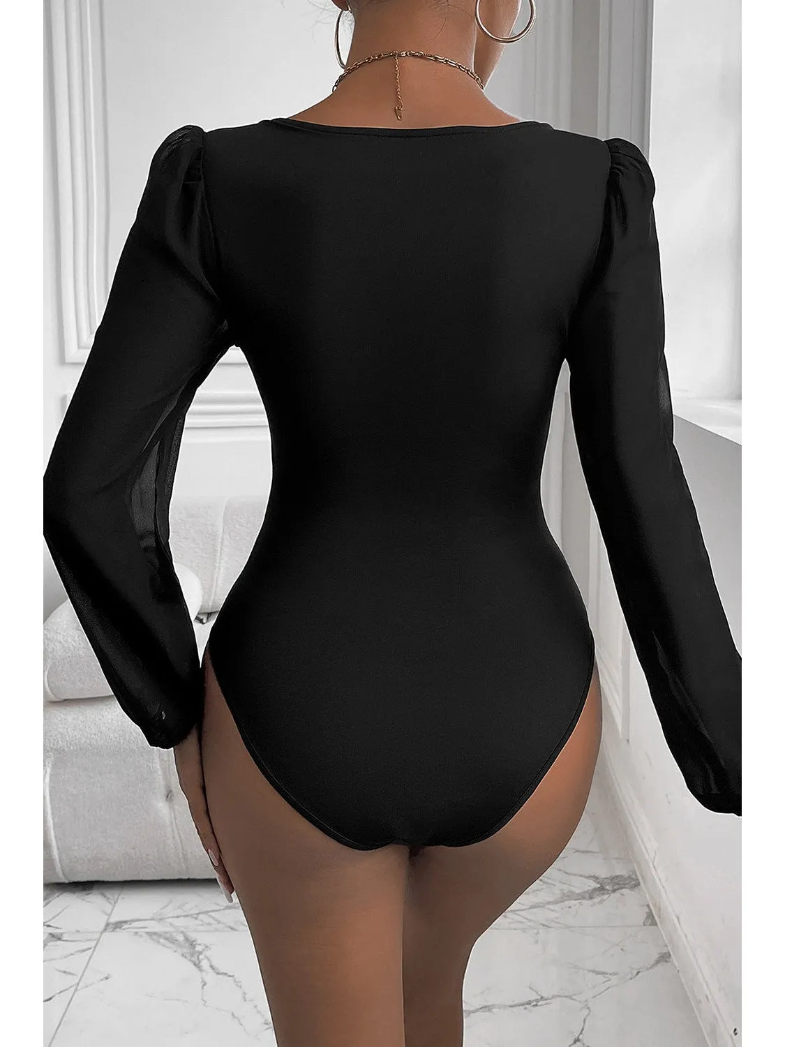 Black V Neck Long Sleeve Bodysuit