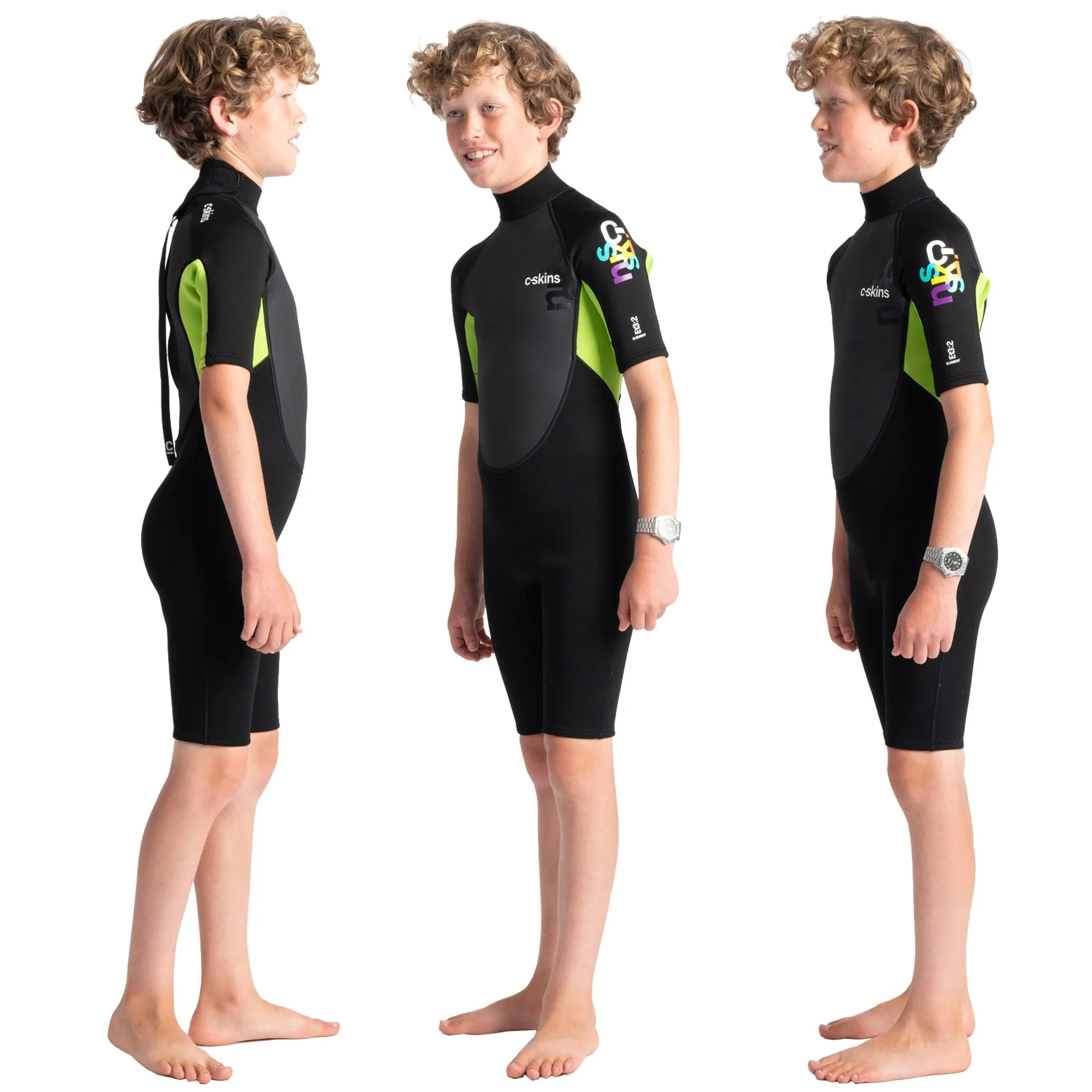 C-Skins Element 3:2 Junior Unisex Shortie Wetsuit - Black/Lime/Multi