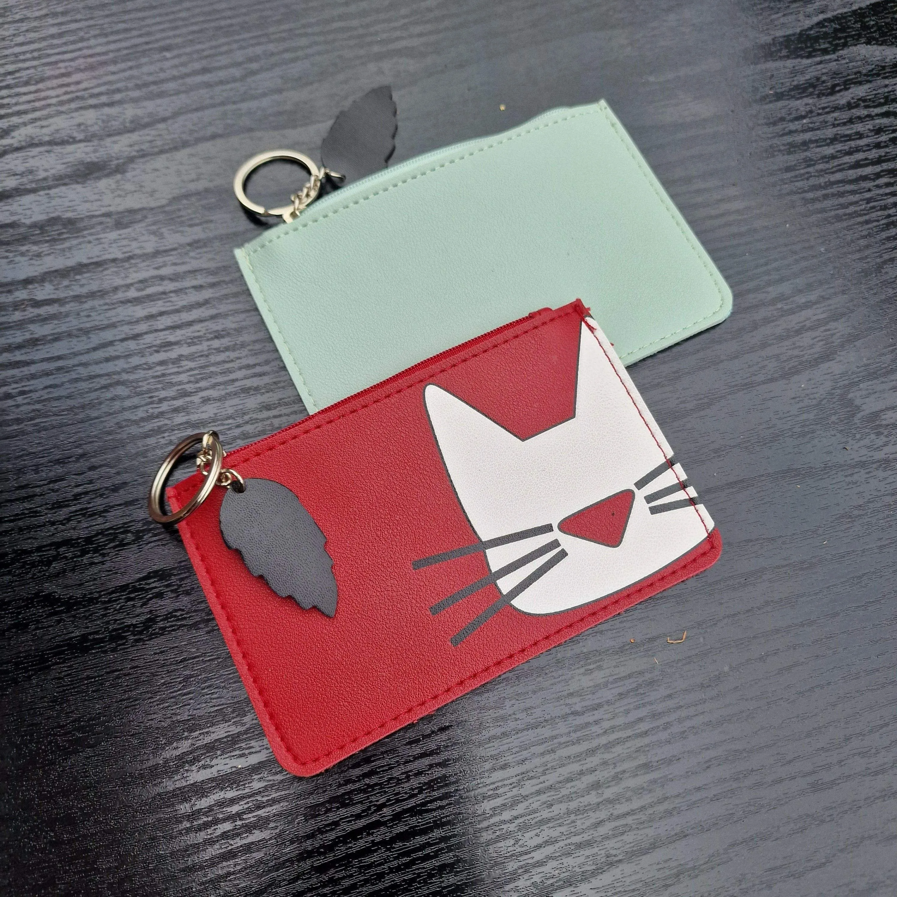 Cat Face Zipped Faux Leather Purses with Keyring