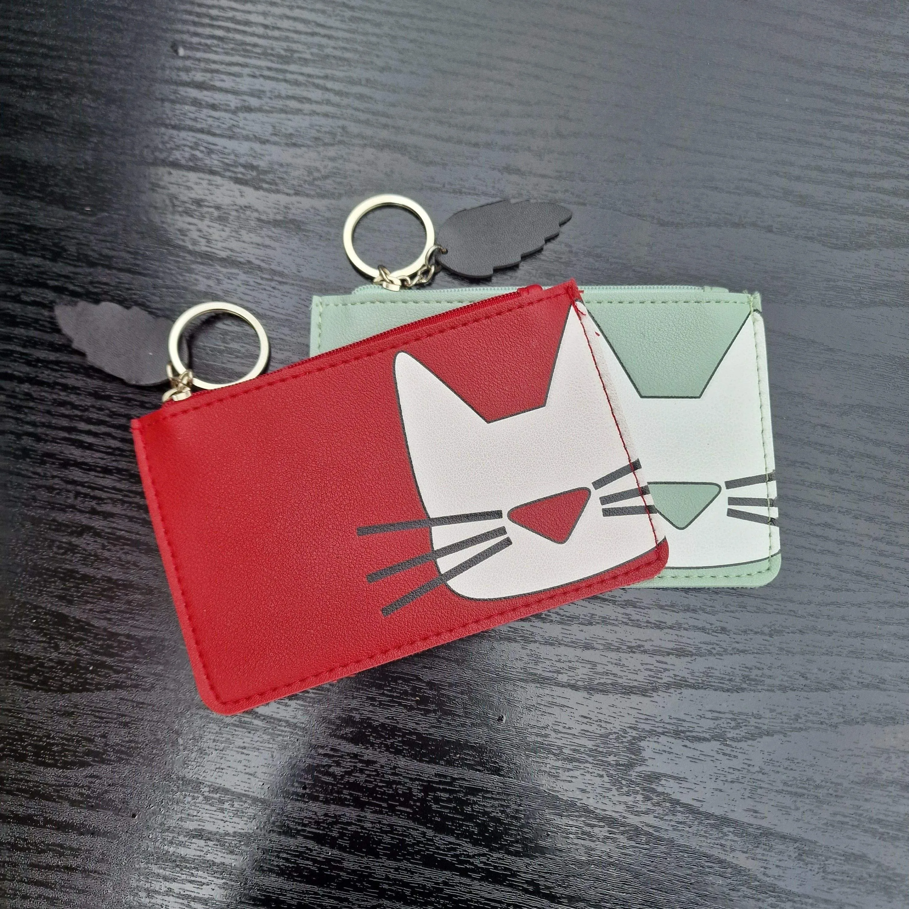 Cat Face Zipped Faux Leather Purses with Keyring