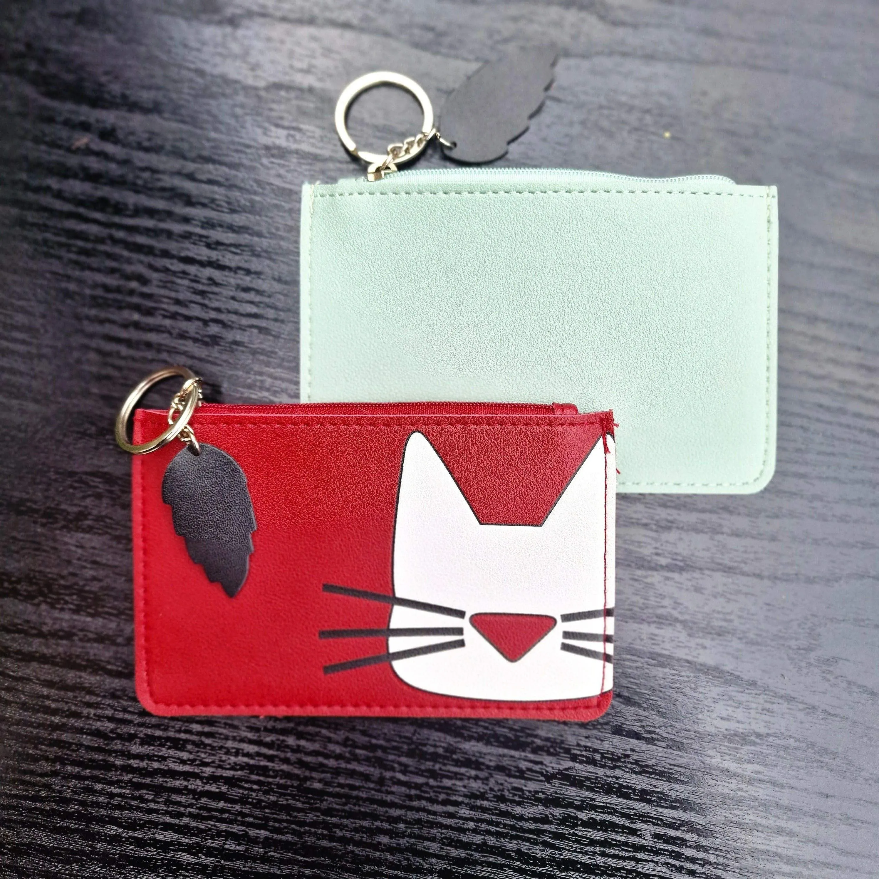 Cat Face Zipped Faux Leather Purses with Keyring