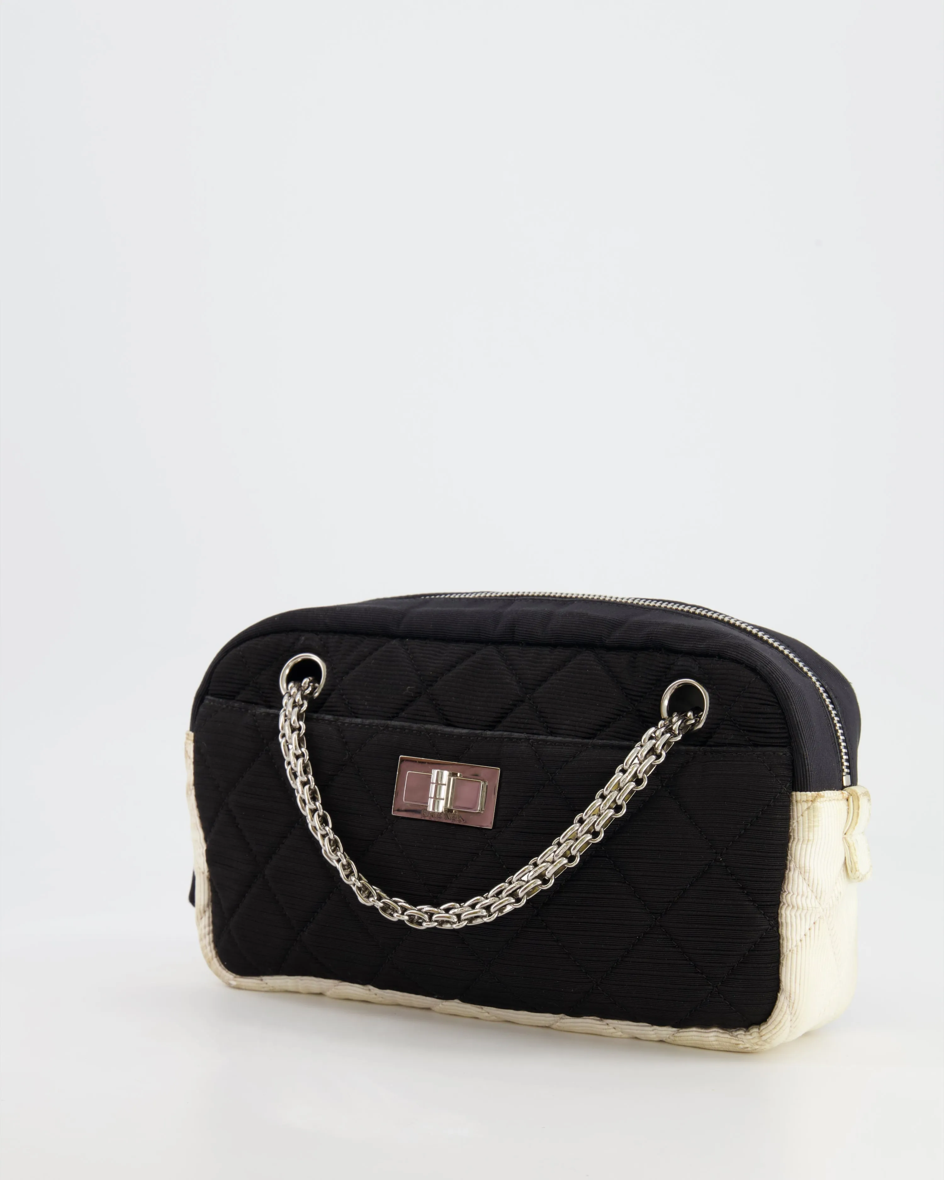 Chanel Black and White Canvas Camera Bag with Silver Hardware