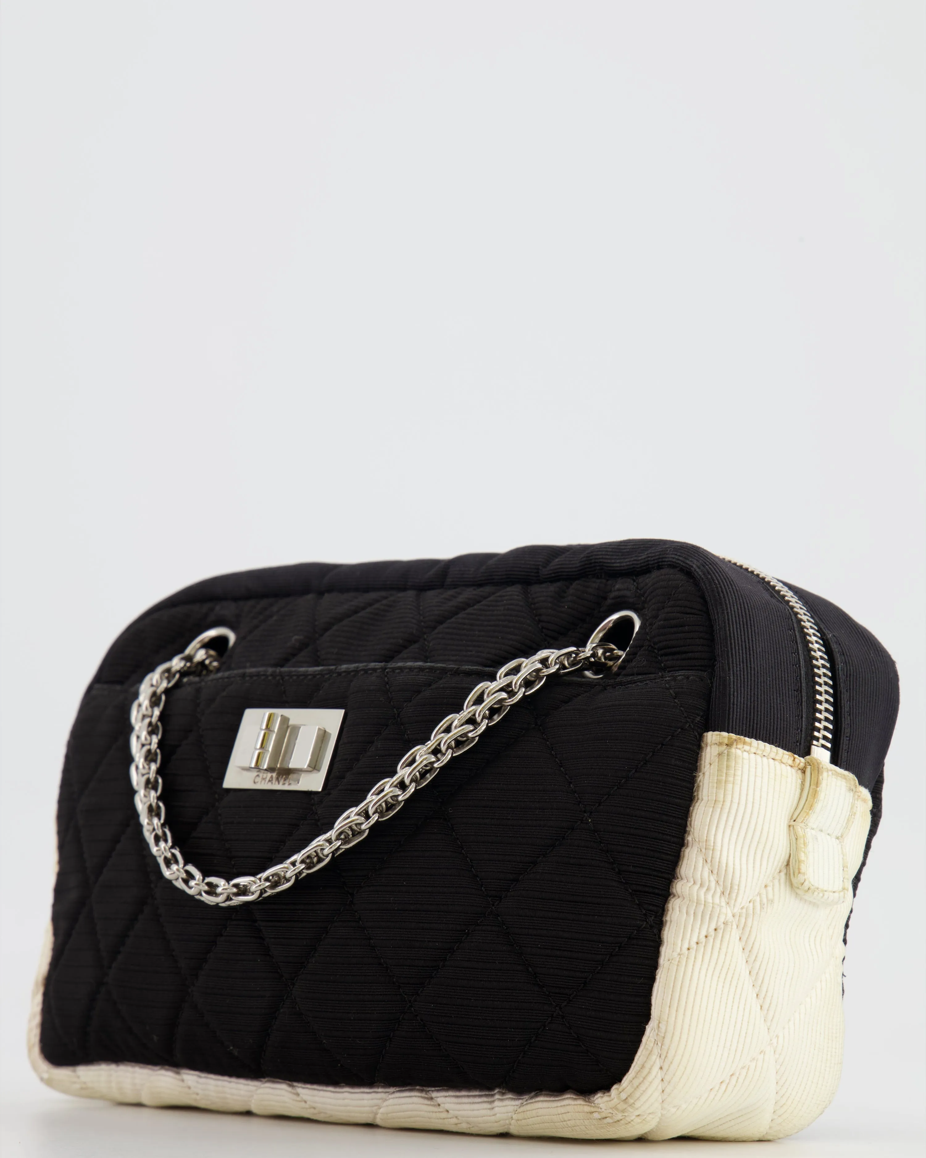 Chanel Black and White Canvas Camera Bag with Silver Hardware
