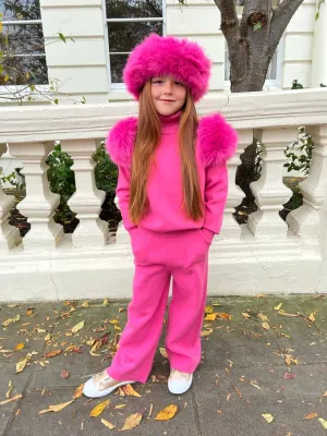 Childrens Hot Pink Premium Faux Fur Roll Neck Wide Leg Tracksuit