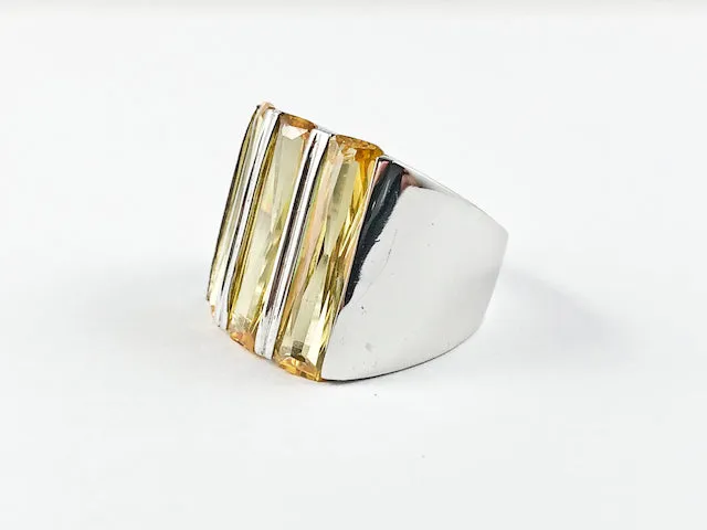 Classic Fine 3 Row Elegant Cut Square Shape Champagne CZ Silver Ring