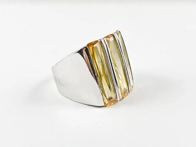 Classic Fine 3 Row Elegant Cut Square Shape Champagne CZ Silver Ring