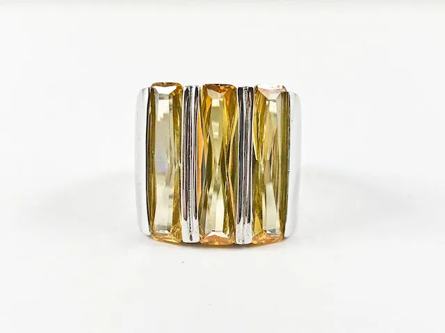 Classic Fine 3 Row Elegant Cut Square Shape Champagne CZ Silver Ring
