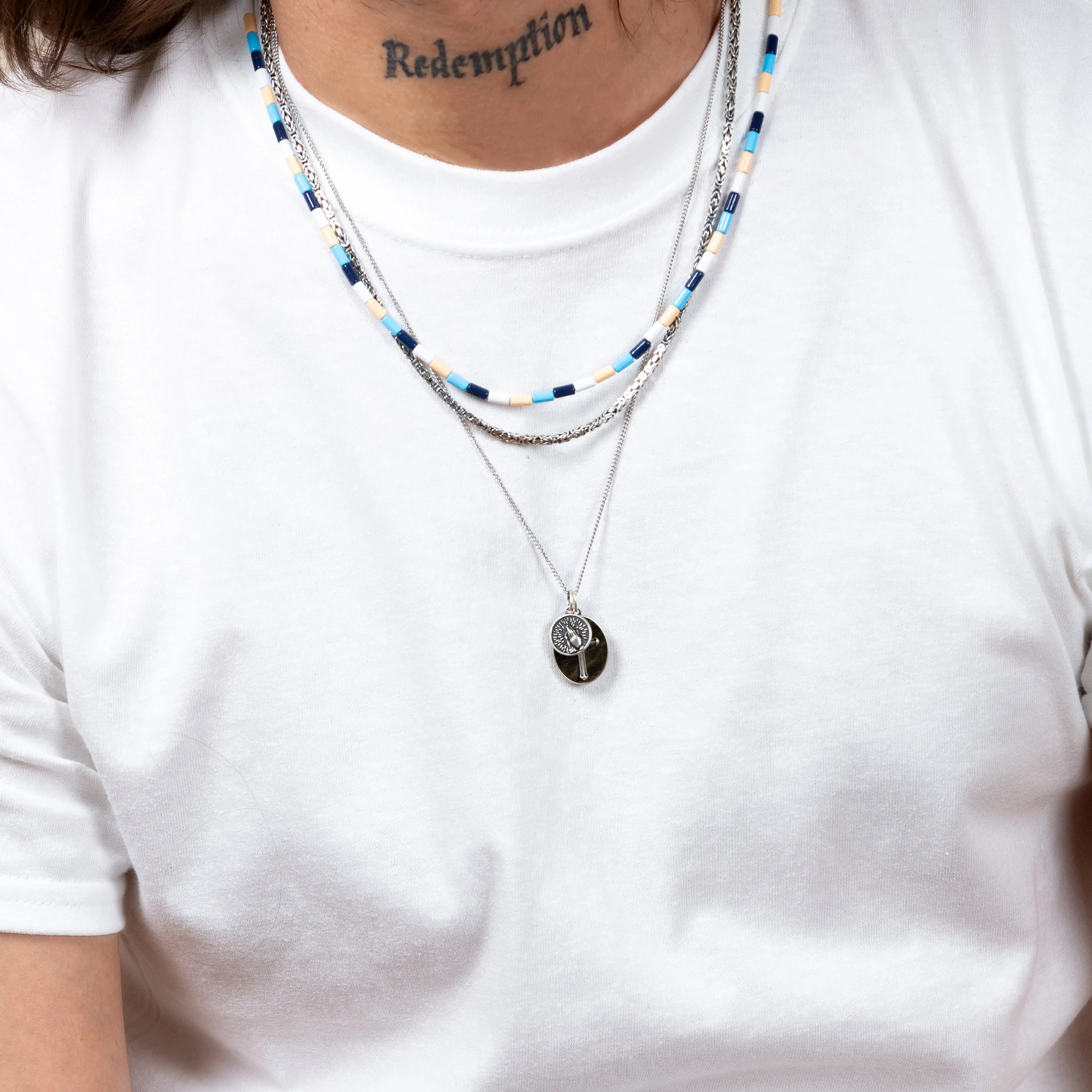 Cross Necklace With Obsidian Stone And Praying Hands