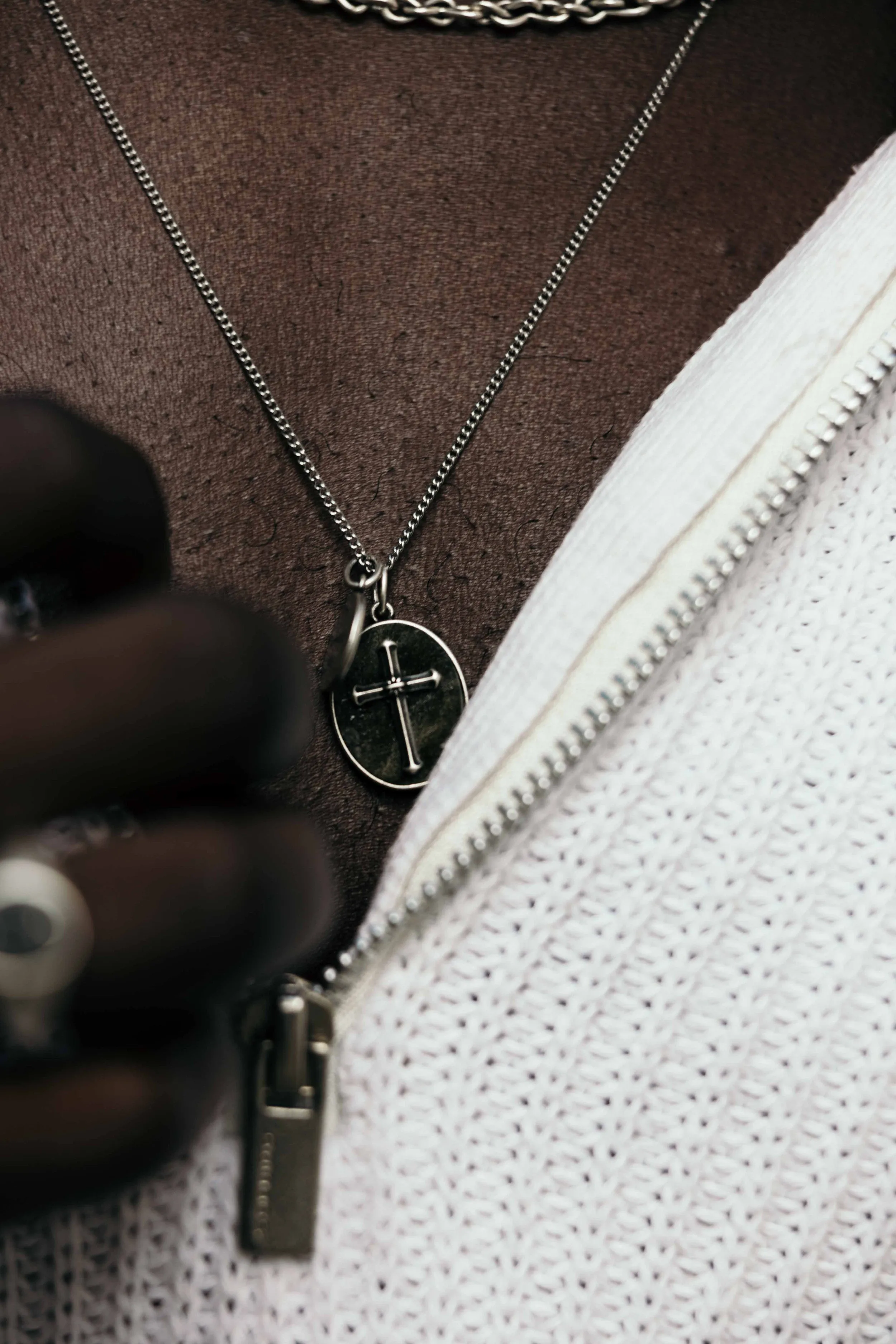 Cross Necklace With Obsidian Stone And Praying Hands