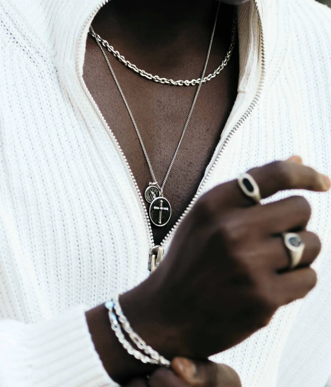 Cross Necklace With Obsidian Stone And Praying Hands