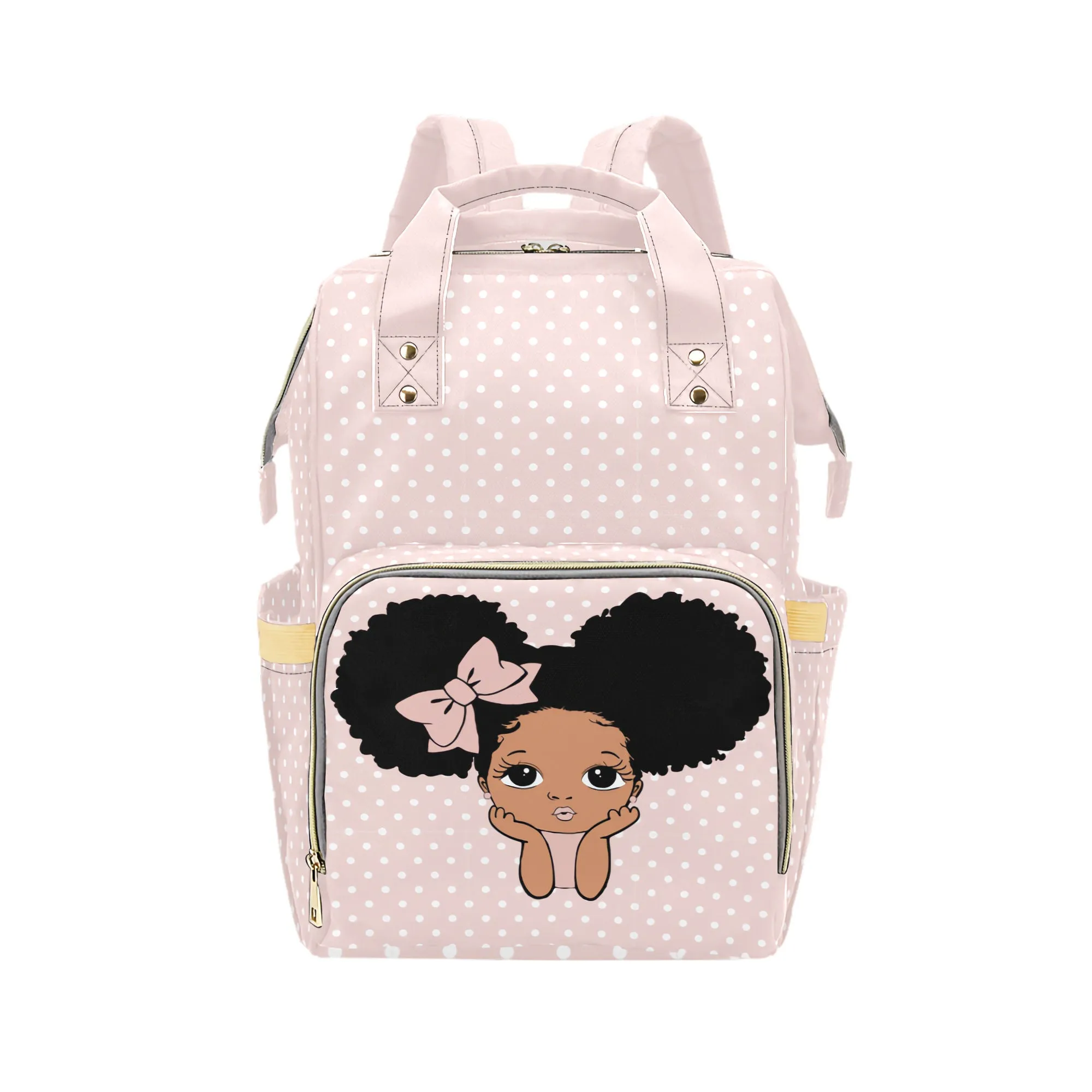 Designer Diaper Bag African American Baby Girl With Bow and Polka Dots