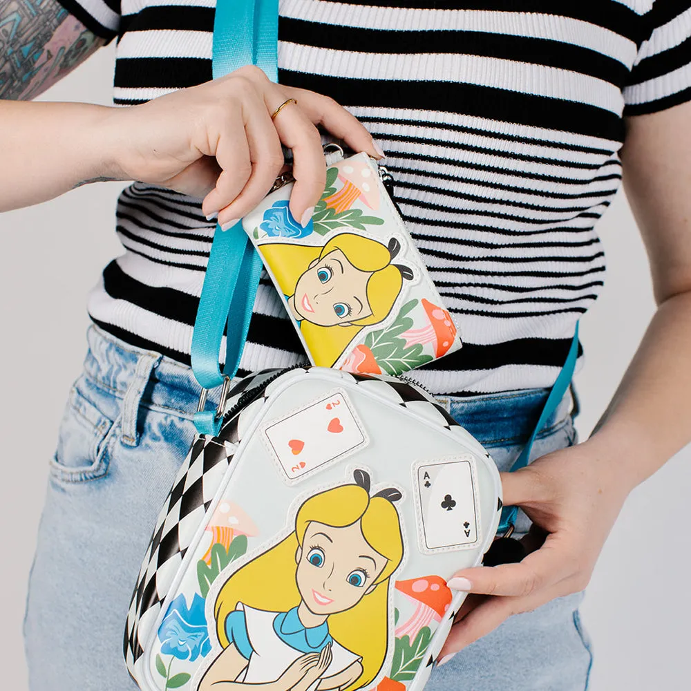 Disney Bag and Wallet Combo, Alice in Wonderland Cards Chesire Cat Clock, Vegan Leather