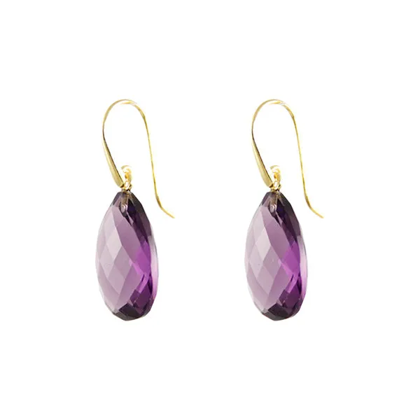 Earrings - Drop Almond Shape Amethyst & Gold Plated Sterling Silver