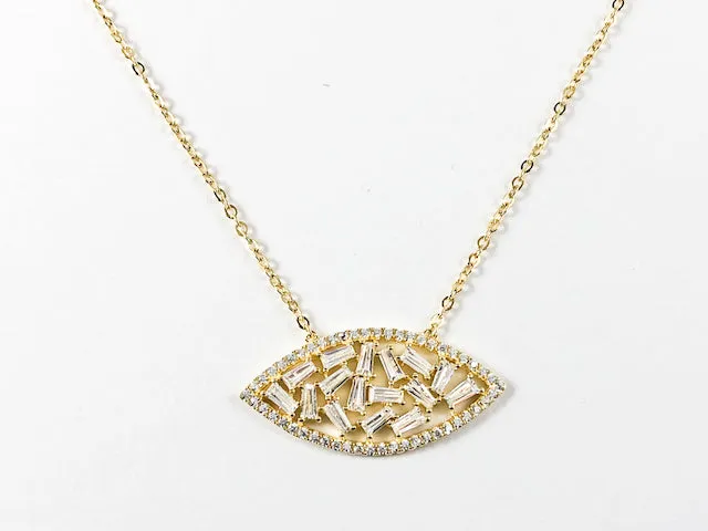 Elegant Eye Oval Shape Fine Baguette CZ Setting Gold Tone Silver Necklace