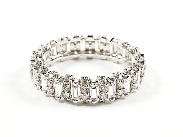 Elegant Rectangular Shape CZ Textured Eternity Silver Band Ring