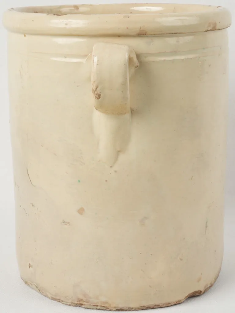Extra large 19th-century Italian anchovy pot w/ cream glaze & handles 13"
