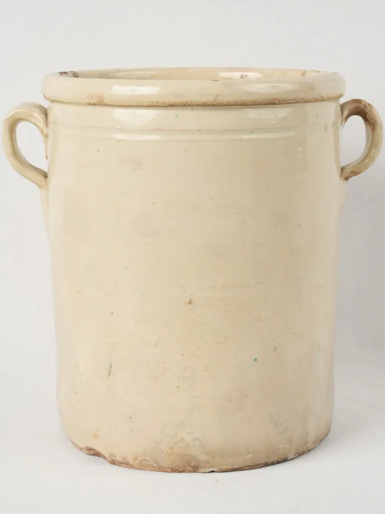 Extra large 19th-century Italian anchovy pot w/ cream glaze & handles 13"