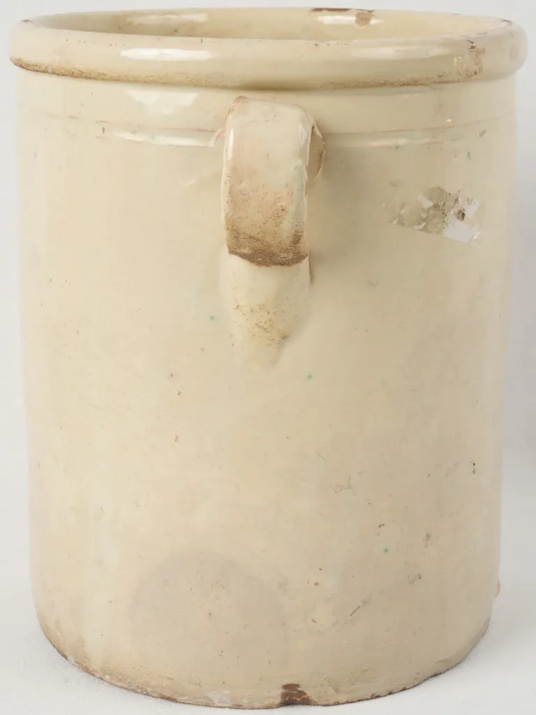 Extra large 19th-century Italian anchovy pot w/ cream glaze & handles 13"