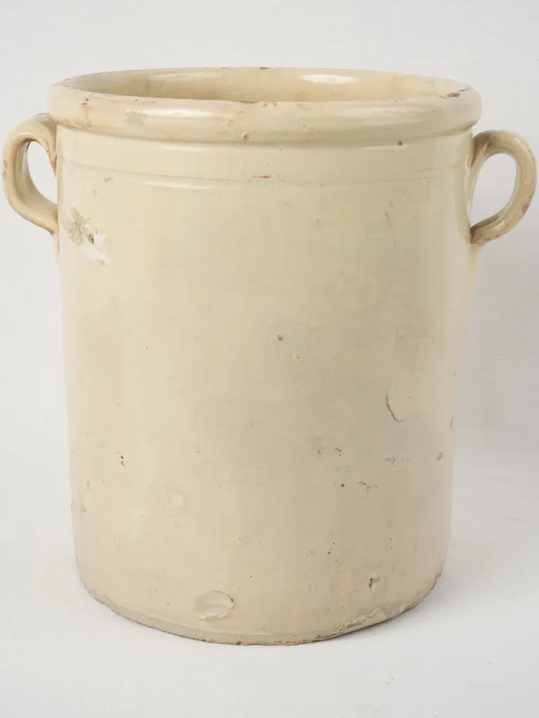 Extra large 19th-century Italian anchovy pot w/ cream glaze & handles 13"
