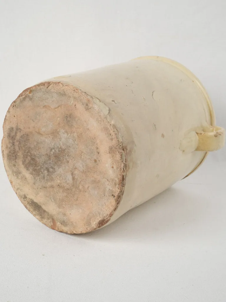 Extra large 19th-century Italian anchovy pot w/ cream glaze & handles 13"