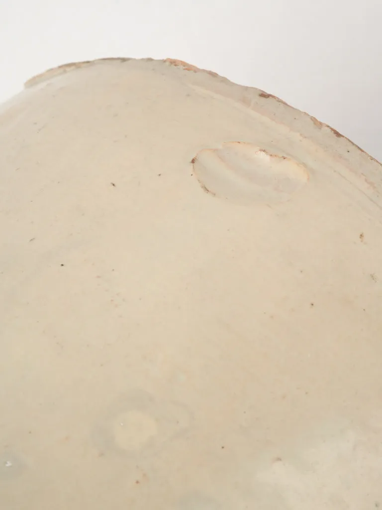 Extra large 19th-century Italian anchovy pot w/ cream glaze & handles 13"