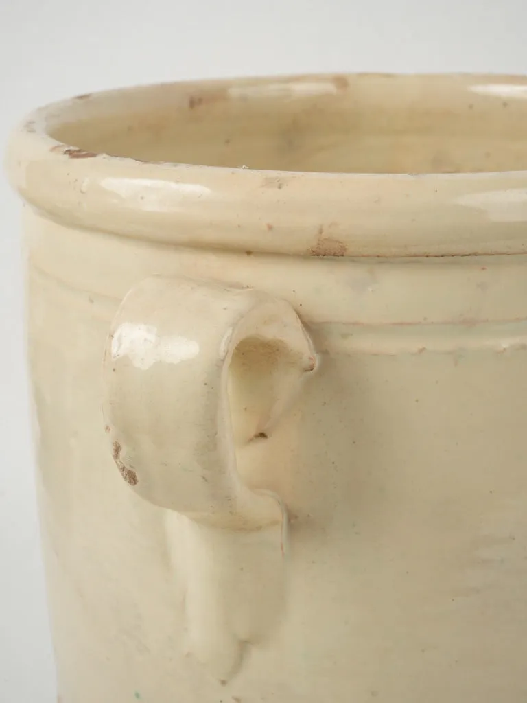 Extra large 19th-century Italian anchovy pot w/ cream glaze & handles 13"