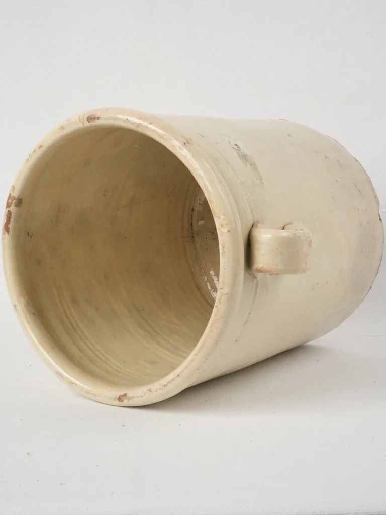 Extra large 19th-century Italian anchovy pot w/ cream glaze & handles 13"