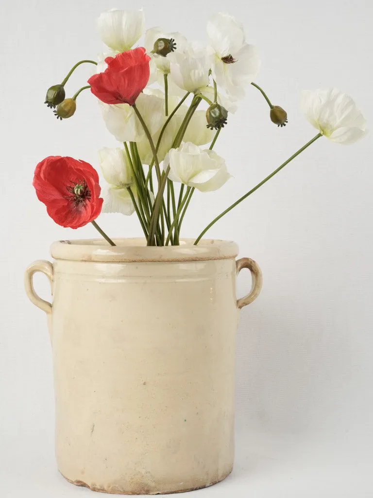 Extra large 19th-century Italian anchovy pot w/ cream glaze & handles 13"