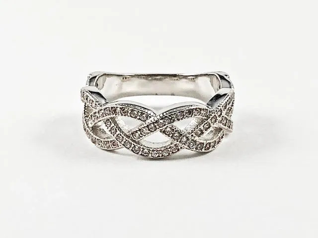 Fine Elegant Criss Cross Design Pattern Detailed Micro Setting CZ Brass Ring