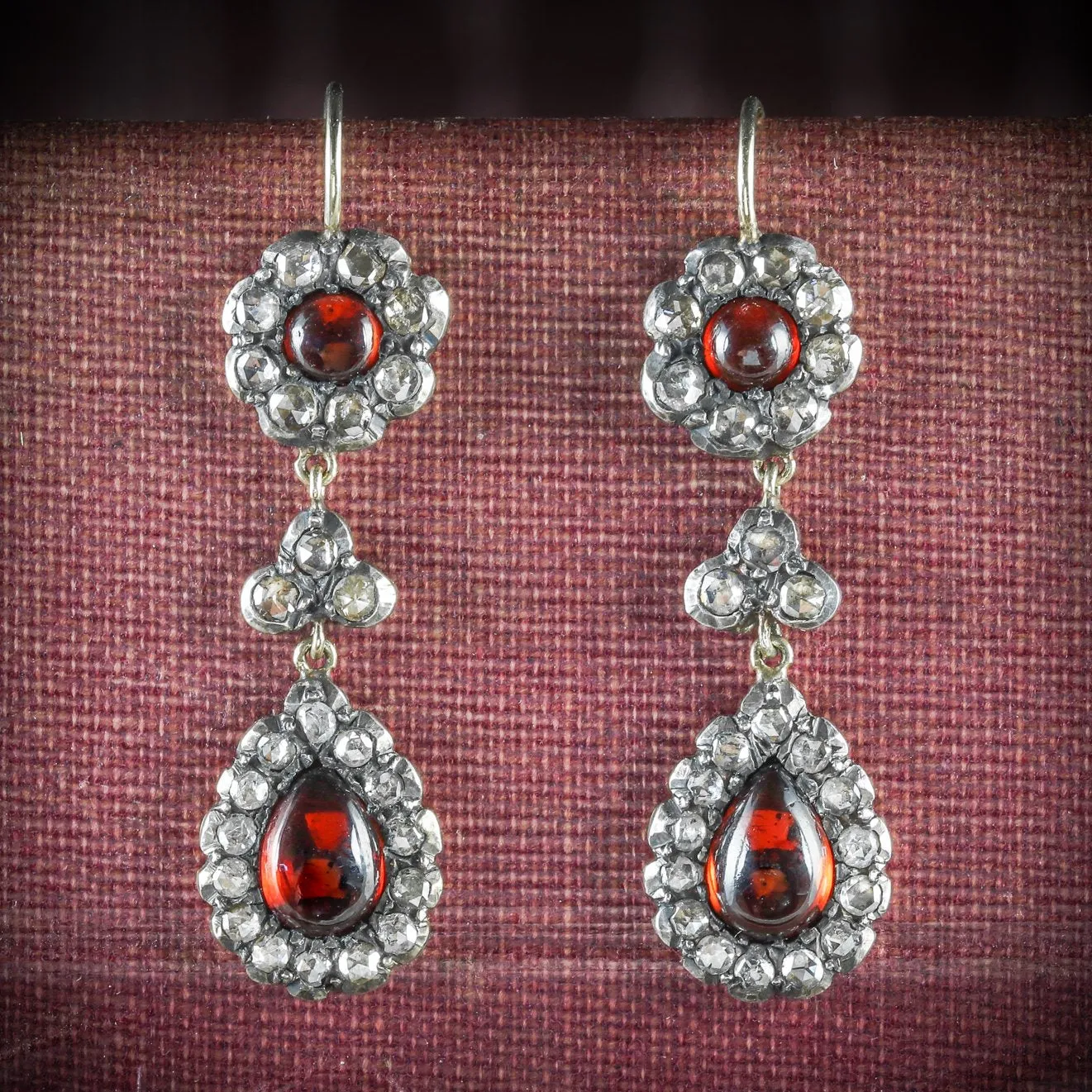 Garnet And Diamond Earrings Double Drop 18Ct Gold