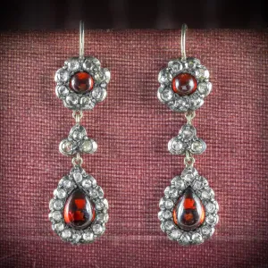 Garnet And Diamond Earrings Double Drop 18Ct Gold